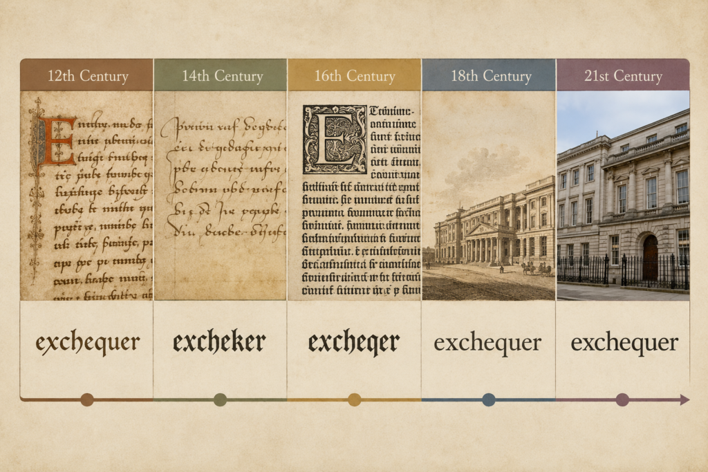 Illustration of the evolution of name spellings through history, featuring ancient parchment scrolls, medieval manuscripts, quill pens, ink, aged books, and decorative letterforms transforming across different eras. The scene conveys linguistic change and historical record-keeping in a warm, scholarly setting, with no visible text.