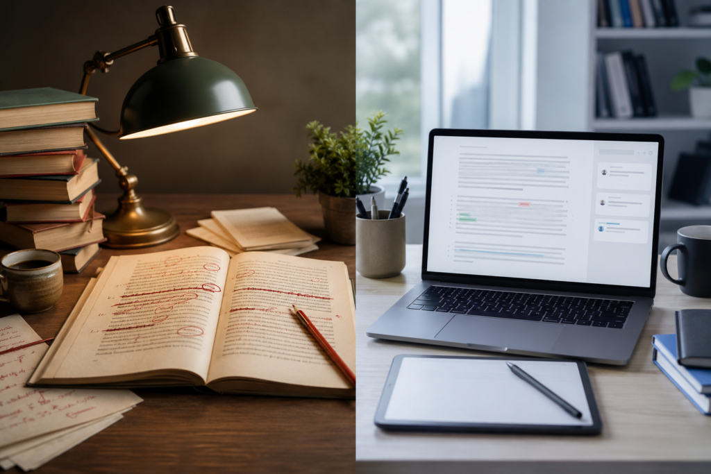 A professional publishing workspace showing a manuscript being edited on a desk, with marked-up pages, a red pen, and a modern laptop displaying document revisions. Older printed books sit in the background while a page with a crossed-out term symbolizes language changes in modern editing. The scene conveys editorial decisions, content refinement, and the evolution of publishing standards, with a clean and contemporary atmosphere.