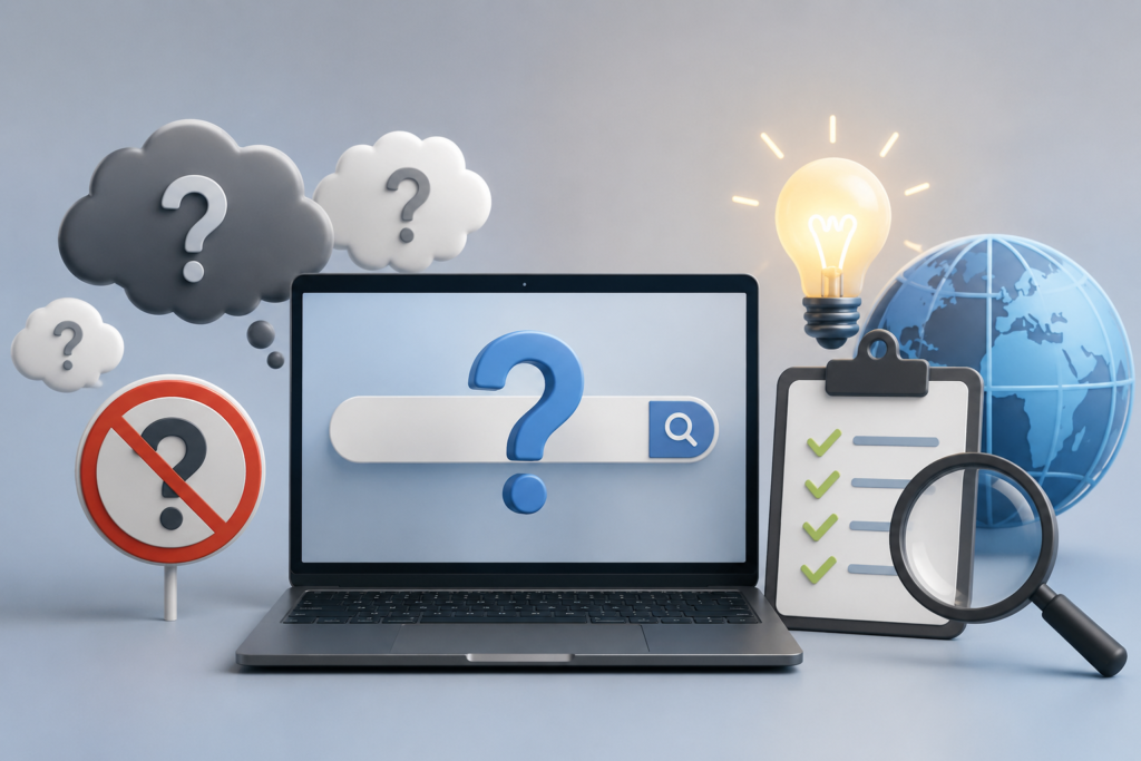 A clean 3D illustration showing a laptop displaying a large question mark in a search bar, surrounded by symbols of fact-checking and research. Question-mark thought clouds float above the laptop, while a clipboard with checkmarks, a magnifying glass, a glowing light bulb, and a globe represent verification, knowledge, and online information. A crossed-out question mark sign suggests debunking misinformation and clearing up common internet myths. The scene uses soft blue and gray tones with a modern, professional design.