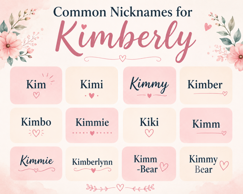 A warm and inviting digital illustration centered on the name Kimberly, featuring a stylish name plaque surrounded by handwritten nickname variations such as Kim, Kimmy, Kimmie, Kiki, and Kimber. The scene includes elegant floral accents, soft pastel colors, and decorative lettering, creating a friendly and personalized atmosphere that celebrates the many common nicknames associated with Kimberly. The design is clean, modern, and suitable for a name-meaning or baby-name article.
