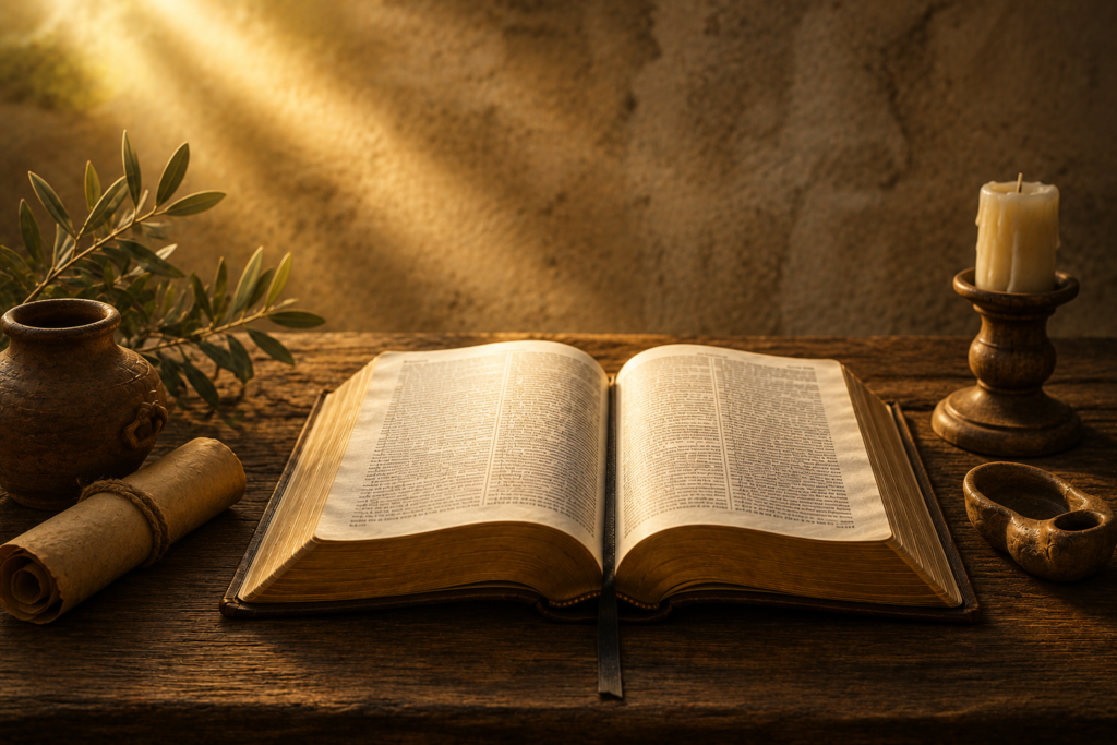 An open Bible rests on a rustic wooden table illuminated by warm golden light. Surrounding the Bible are an aged scroll, a clay jar with olive branches, a candle holder, and a small earthen bowl, creating a peaceful biblical study setting with a textured stone background and a reverent, spiritual atmosphere.
