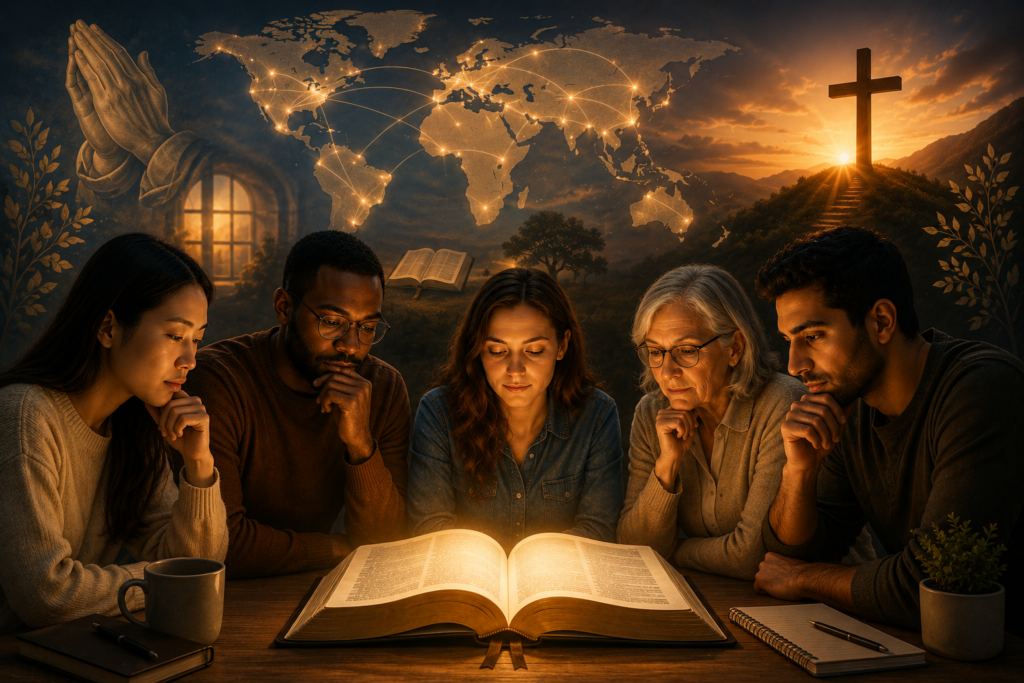 An open Bible glowing with warm golden light rests on a wooden table, symbolizing spiritual wisdom and faith. In the background, a world map with illuminated connection lines, a cross on a hill at sunset, praying hands, and silhouettes holding hands represent global spiritual connection, biblical understanding, hope, and the search for deeper meaning. The scene is cinematic, peaceful, and inspirational.