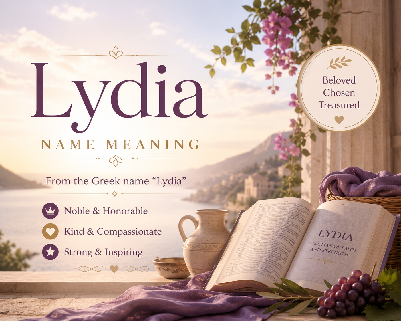 A graceful young woman in ancient attire stands beside a vibrant marketplace in a historic Mediterranean setting, symbolizing the meaning of the name Lydia. Warm sunlight illuminates colorful fabrics, blooming flowers, and classical architecture, creating an atmosphere of elegance, wisdom, prosperity, and faith. The scene conveys heritage, strength, and timeless beauty without any text.