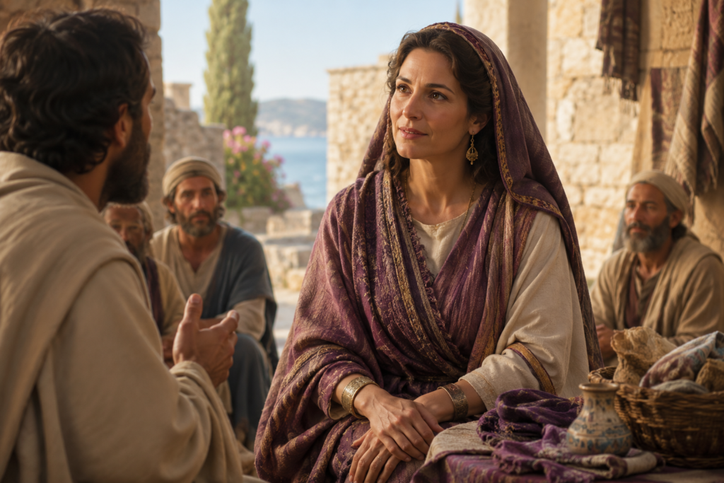 A biblical-era woman dressed in elegant purple robes sits in a stone marketplace near a coastal city, listening attentively to a teacher while surrounded by merchants, woven baskets, pottery, and rich purple fabrics. Warm sunlight illuminates the ancient Mediterranean setting, evoking faith, history, and early Christian culture.