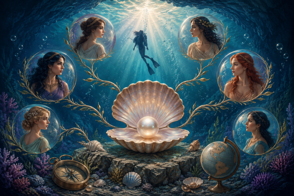 A magical underwater scene featuring a large open pearl oyster glowing at the center of a rocky seabed. Surrounding the pearl are six elegant female portraits enclosed in translucent bubbles, each with distinct hairstyles and attire. Sunbeams stream through the ocean water from above, illuminating colorful coral reefs, seashells, a vintage compass, and a globe. The artwork has a dreamy, fantasy-inspired atmosphere with rich blue tones and intricate details symbolizing heritage, identity, and variation.