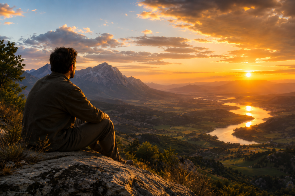 A contemplative figure sits on a rocky overlook at sunset, gazing across a vast valley with winding rivers, rolling hills, and distant mountain peaks. Golden sunlight illuminates the landscape, creating a peaceful and reflective atmosphere that suggests exploration, wisdom, and a deeper search for meaning.