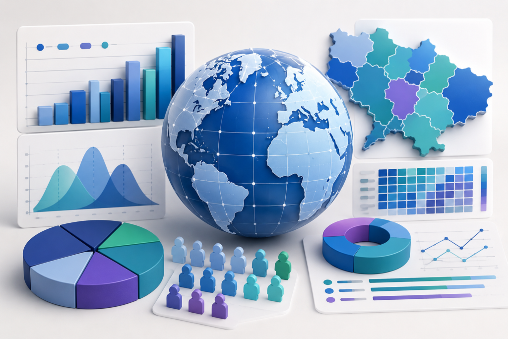 A polished data-driven illustration featuring a globe surrounded by colorful charts, graphs, regional maps, demographic icons, and analytical dashboards. Pie charts, bar graphs, trend lines, and geographic data visualizations represent population trends, name popularity statistics, and regional distribution insights. The clean, modern design uses blue, teal, and purple tones to convey research, analytics, and informed name selection.