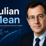 Professional feature image for “Julian Mean” showing a confident middle-aged man in a dark suit against a deep blue background, with modern finance-themed graphics, a mathematical formula, and subtle stock chart elements, conveying expertise in modern portfolio theory and quantitative investing.