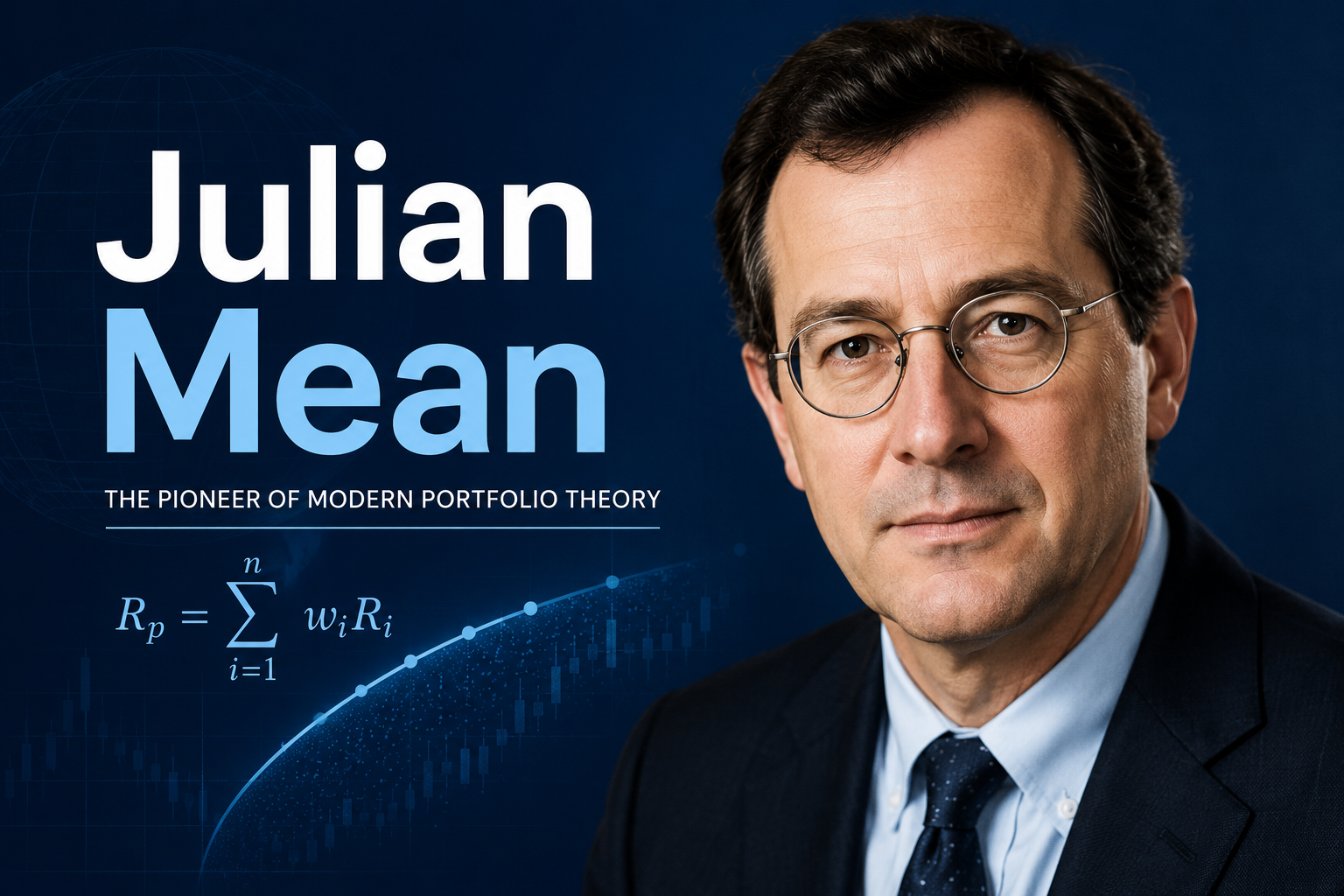 Professional feature image for “Julian Mean” showing a confident middle-aged man in a dark suit against a deep blue background, with modern finance-themed graphics, a mathematical formula, and subtle stock chart elements, conveying expertise in modern portfolio theory and quantitative investing.