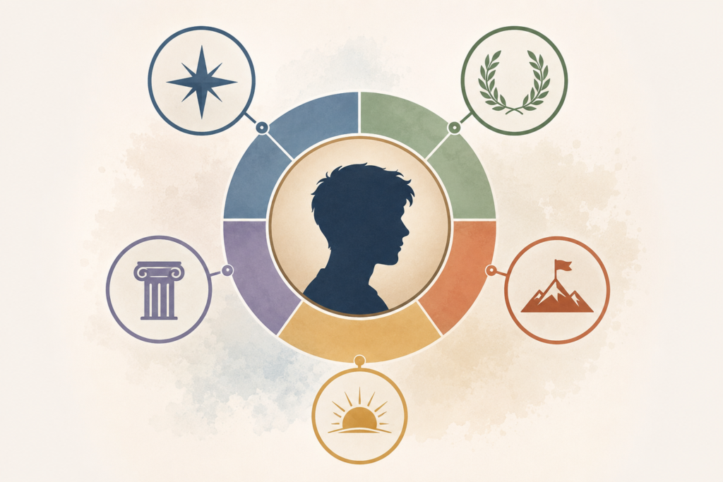 Illustrated concept image representing the meaning of the name Julian, featuring a confident young man standing in warm golden sunlight, surrounded by subtle Roman-inspired architecture, laurel leaves, and a glowing horizon. The scene symbolizes youthfulness, strength, leadership, and timeless heritage with a sophisticated and uplifting atmosphere.