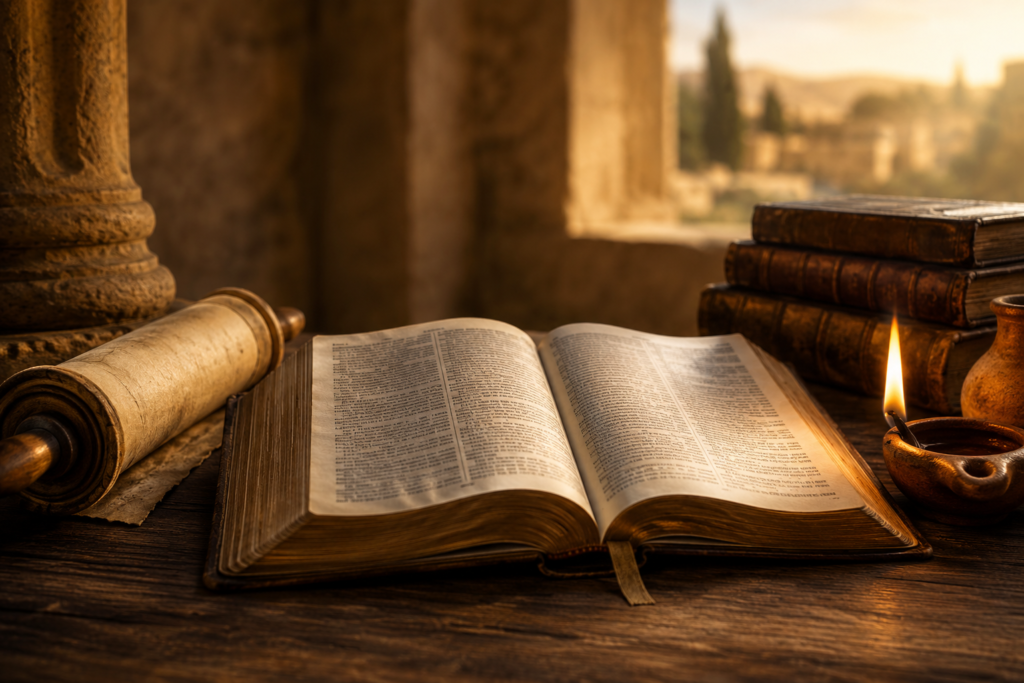 An open ancient Bible illuminated by warm golden light, with historical scrolls and parchment documents spread across a wooden table. In the background, a subtle silhouette of a biblical-era landscape with stone buildings and distant hills creates a thoughtful, research-focused atmosphere. The scene conveys exploration of biblical history, names, and facts without any visible text.