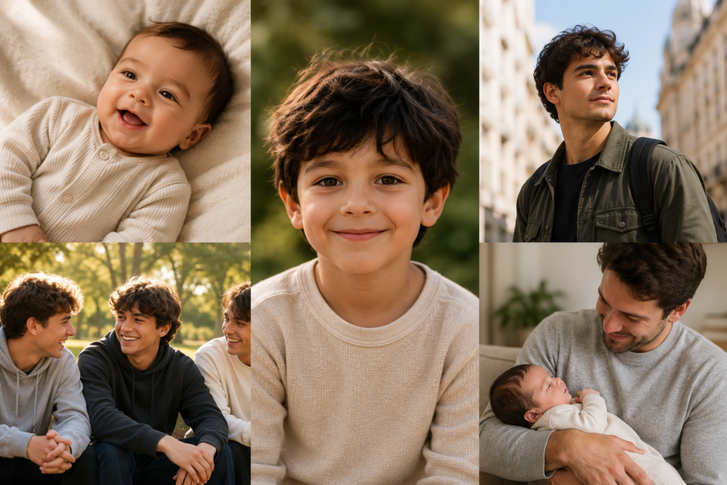 A warm lifestyle collage showing a smiling child at the center, surrounded by scenes of a happy baby, a confident young man in a city setting, close friends enjoying time together outdoors, and a father holding a newborn. The image conveys joy, warmth, family connection, friendship, and the timeless appeal of a beloved name across different stages of life.