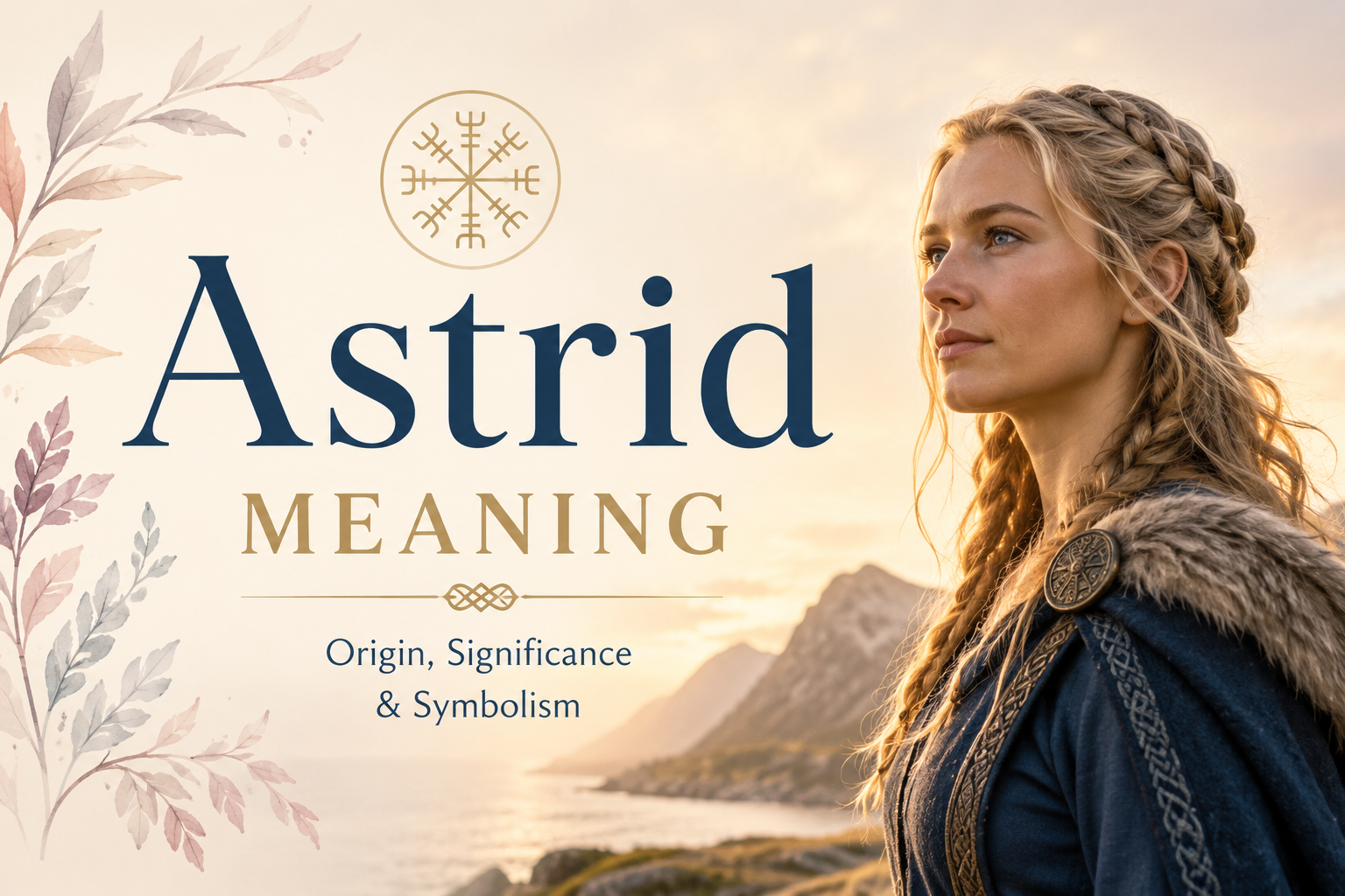Feature image for “Astrid Meaning” showing a confident Nordic-inspired woman with braided blonde hair standing beside a scenic fjord and mountain landscape at sunrise. The design uses soft neutral tones, elegant decorative foliage, and subtle Norse-inspired symbols to represent the origin, significance, and symbolism associated with the name Astrid.