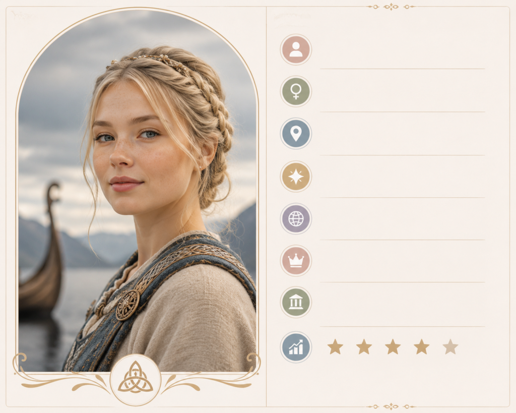 Elegant Scandinavian-inspired portrait symbolizing the name Astrid, featuring a graceful woman beneath a glowing Nordic sky with aurora lights, surrounded by serene fjords and pine forests, representing beauty, heritage, and timeless elegance.