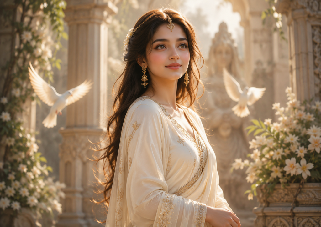 A graceful young woman in an elegant ivory gown stands in a sunlit garden surrounded by blooming white flowers, classical stone columns, and softly glowing doves. Warm golden light highlights her serene expression, symbolizing divine beauty, purity, and timeless elegance in a dreamy, romantic setting.