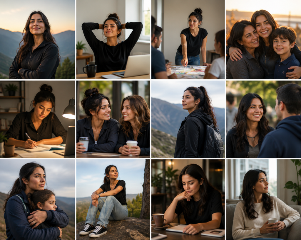 Collage of diverse lifestyle scenes featuring a confident young woman displaying leadership, friendship, determination, independence, and care for loved ones. The warm, natural images show her collaborating with others, spending time with family and friends, working toward goals, exploring outdoors, and reflecting quietly, capturing positive personality traits in everyday life.