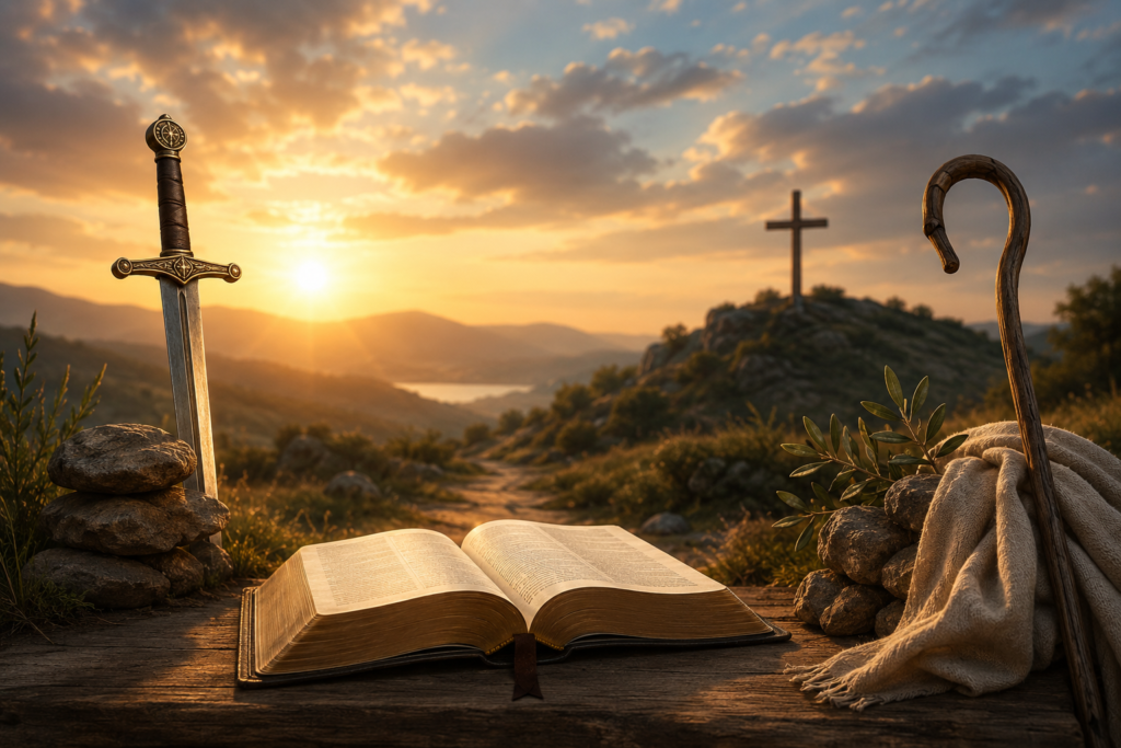A peaceful biblical-inspired landscape at sunrise featuring an open ancient book on a wooden table, a decorative sword, stacked stones, and a shepherd’s staff. In the distance, a cross stands on a hill overlooking a valley bathed in golden light. The warm, spiritual atmosphere symbolizes faith, strength, guidance, and reflection, making it suitable for themes related to biblical name meanings and Christian interpretation.