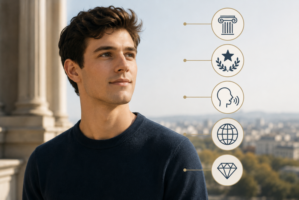 A confident young man stands against a bright cityscape backdrop, looking toward the horizon with a calm and determined expression. Beside him, a series of elegant icons symbolize heritage, achievement, communication, global recognition, and enduring value. The clean, modern design conveys strength, timeless appeal, and widespread admiration, reflecting the qualities that make the name Connor stand out in today's world.
