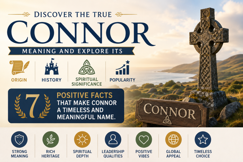 Feature image illustrating the meaning of the name Connor with a scenic Irish coastal landscape at sunrise, a Celtic stone cross, and a wooden sign engraved with the name Connor. The design highlights themes of origin, history, spiritual significance, popularity, leadership, heritage, positivity, global appeal, and timeless value through decorative icons and an elegant blue-and-gold color scheme.
