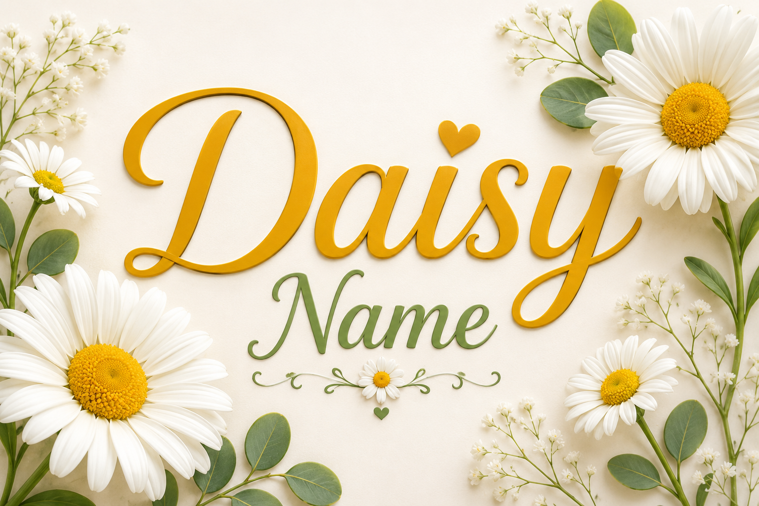Elegant floral-themed feature image representing the Daisy name, with large white daisy flowers, fresh green leaves, and a soft cream background. The design conveys beauty, innocence, happiness, and nature-inspired charm associated with the name Daisy.