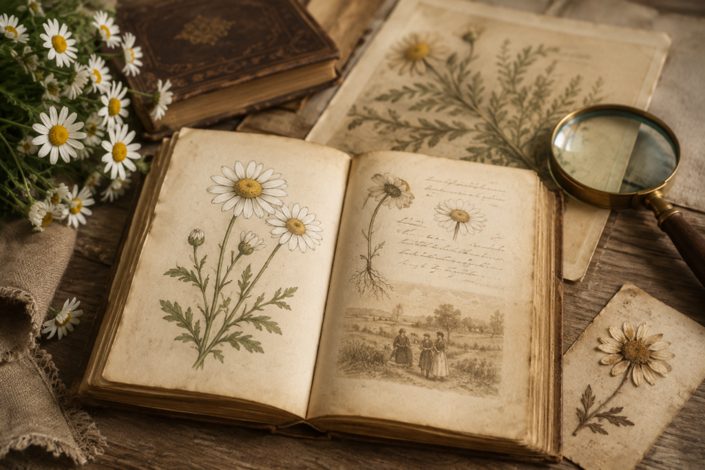 Vintage botanical scene featuring fresh white daisies, antique books, an open illustrated journal with daisy sketches, pressed flower specimens, and a magnifying glass on a rustic wooden table, illuminated by warm natural light to evoke the historical study and origins of daisies.