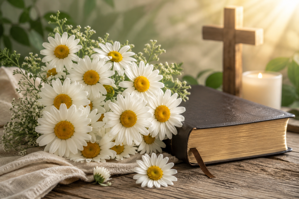 A radiant white daisy blooming in a peaceful meadow at sunrise, illuminated by warm golden light streaming through soft clouds. The flower stands prominently among lush green grass and wildflowers, symbolizing purity, faith, and spiritual growth. In the background, gentle hills and a serene sky create a calm, uplifting atmosphere that evokes biblical themes of hope, renewal, and divine beauty.