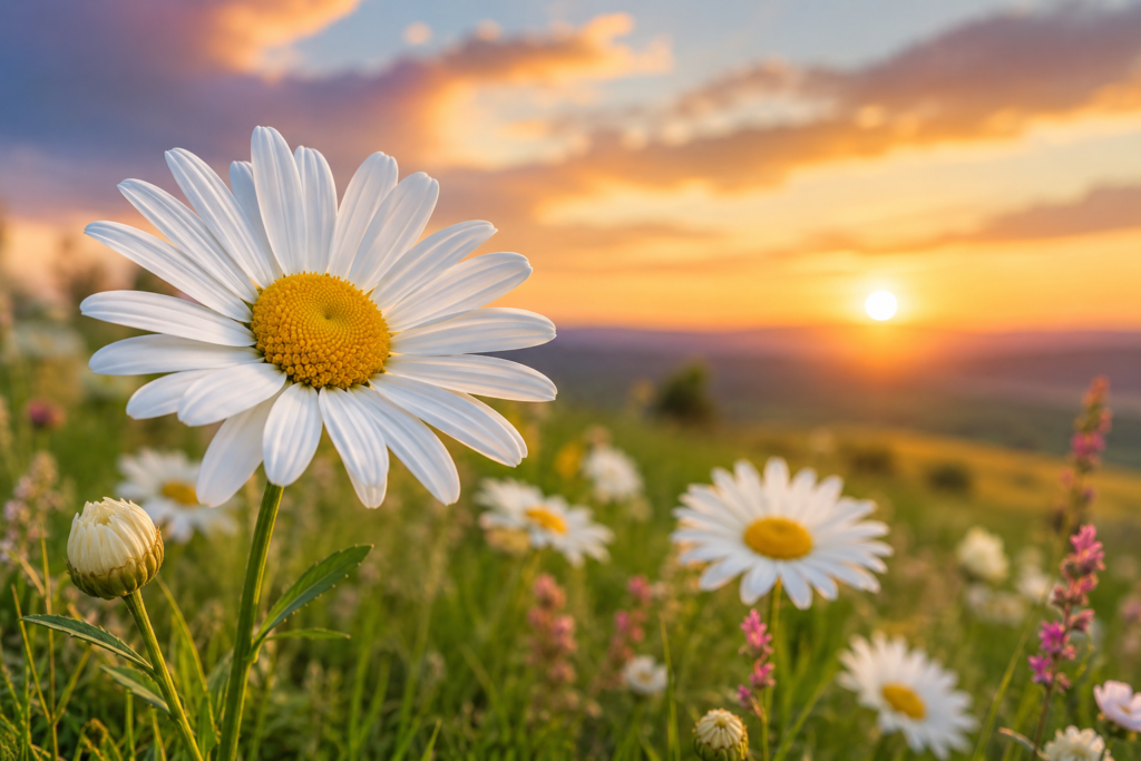 A beautiful white daisy blooming in a sunlit meadow, symbolizing purity, innocence, hope, and new beginnings. Soft golden sunlight filters through lush green grass and wildflowers, creating a peaceful and uplifting atmosphere. The scene conveys the timeless charm, positive symbolism, and natural beauty often associated with the name Daisy.