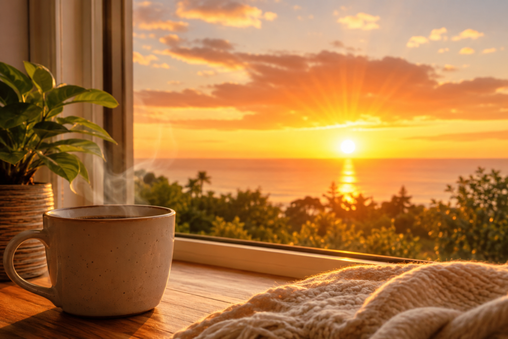A serene sunrise over rolling hills with golden rays illuminating the landscape, symbolizing a fresh start, positivity, spiritual awakening, and the beginning of a hopeful new day. Warm morning light fills the sky with soft orange and gold tones, creating an uplifting and peaceful atmosphere.