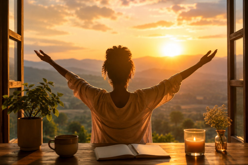 A serene sunrise casting golden light across rolling hills, with a person standing peacefully and embracing the new day. Warm colors fill the sky, symbolizing hope, gratitude, positivity, emotional renewal, and a fresh beginning. The atmosphere feels uplifting, calm, and spiritually inspiring, reflecting the deeper emotional meaning behind the phrase “Grand Rising.”