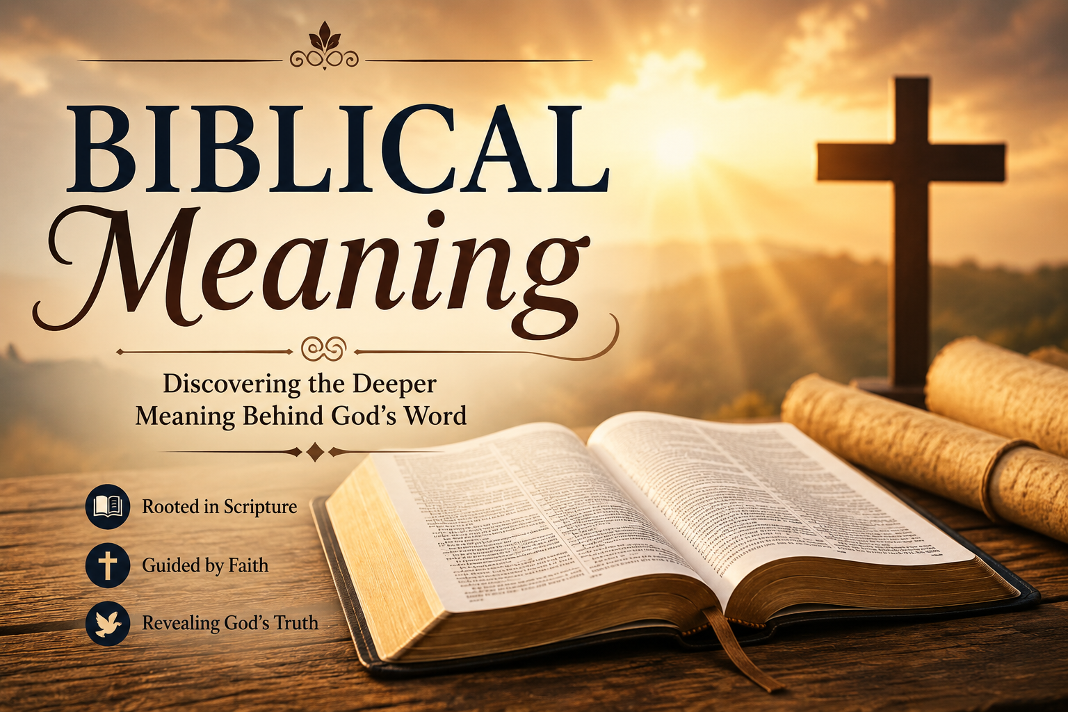 Open Bible resting on a wooden table with a glowing cross in the background at sunrise, surrounded by warm golden light symbolizing faith, Scripture, spiritual wisdom, and the deeper biblical meaning of God's Word.