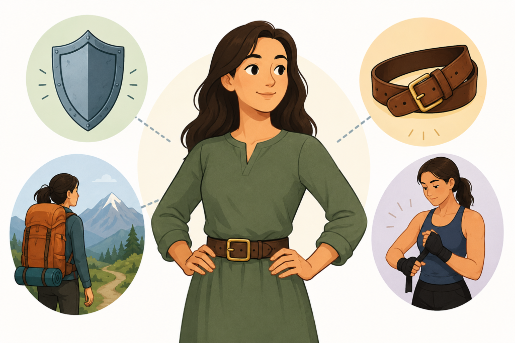 Illustration of a confident person wearing a belt around their waist, symbolizing readiness and preparation. Surrounding icons show a protective shield, a sturdy belt, an outdoor adventurer with a backpack, and an athlete wrapping their hands, representing strength, protection, discipline, and being equipped for action. Soft neutral colors and a clean educational design create a simple visual explanation of the concept of being girded.
