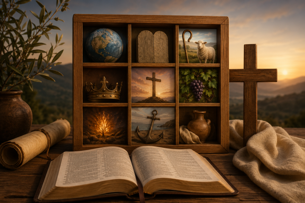Open Bible resting on a rustic wooden table at sunset, surrounded by symbolic Scripture-inspired elements including a cross, shepherd’s staff, stone tablets, crown, grapes, anchor, and burning bush. Warm golden light illuminates the scene, representing spiritual readiness, faith, strength, and biblical teachings throughout Scripture.