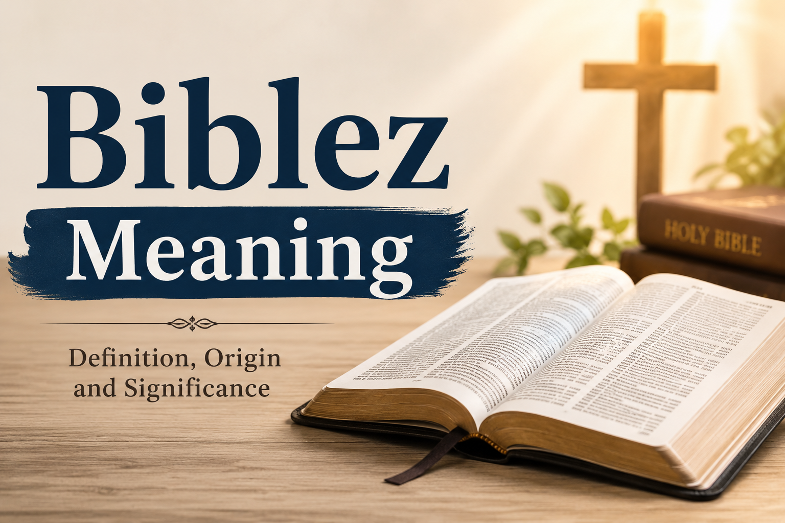 An open Bible resting on an ancient wooden table, illuminated by warm golden light streaming from above. Soft rays of light and subtle parchment textures create a peaceful, spiritual atmosphere, symbolizing biblical meaning, wisdom, faith, and divine understanding.