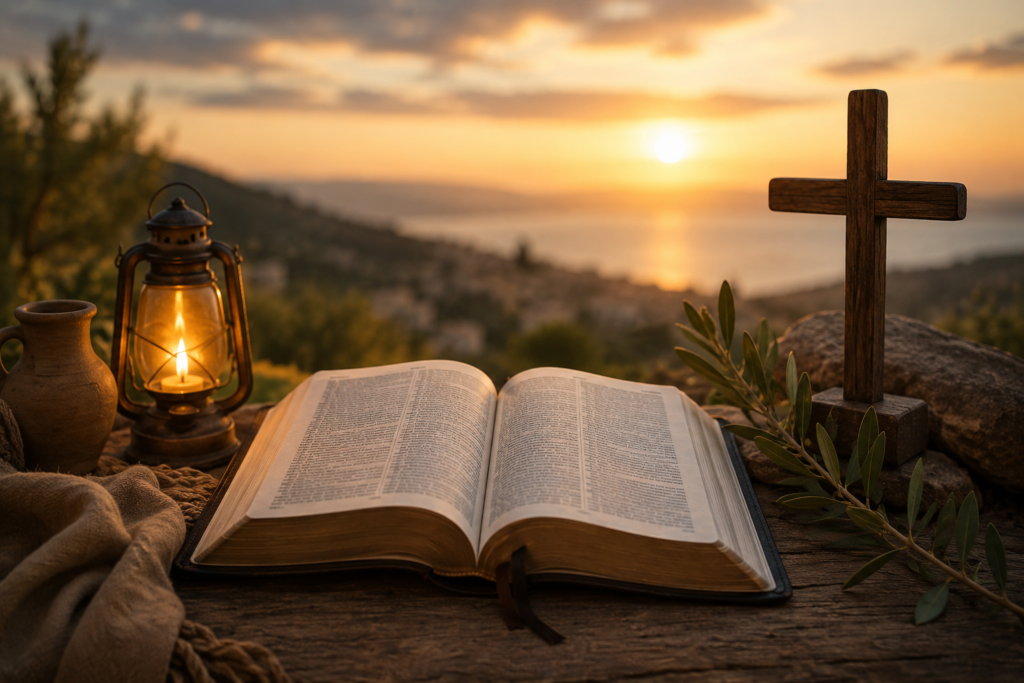Faithful believer praying beside an open Bible in a warmly lit biblical setting, illuminated by golden sunlight through a stone window, symbolizing steadfast faith, spiritual endurance, and abiding in God's presence.