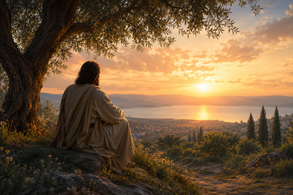 A person resting beneath a majestic ancient tree at sunset, surrounded by warm golden light and a peaceful countryside landscape. Sunbeams filter through the clouds, creating a comforting and hopeful atmosphere that symbolizes enduring love, faithfulness, and steadfast spiritual presence. Realistic, cinematic, and deeply emotional scene with no text visible.