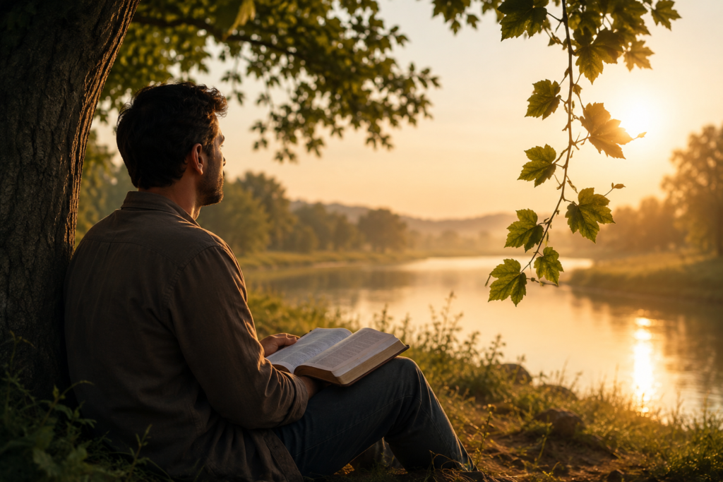 A man sits beneath a large tree beside a calm river at sunrise, holding an open Bible on his lap. Golden morning light filters through green leaves, reflecting across the water and creating a peaceful, contemplative atmosphere. The natural setting conveys quiet reflection, prayer, and spiritual meditation in nature.