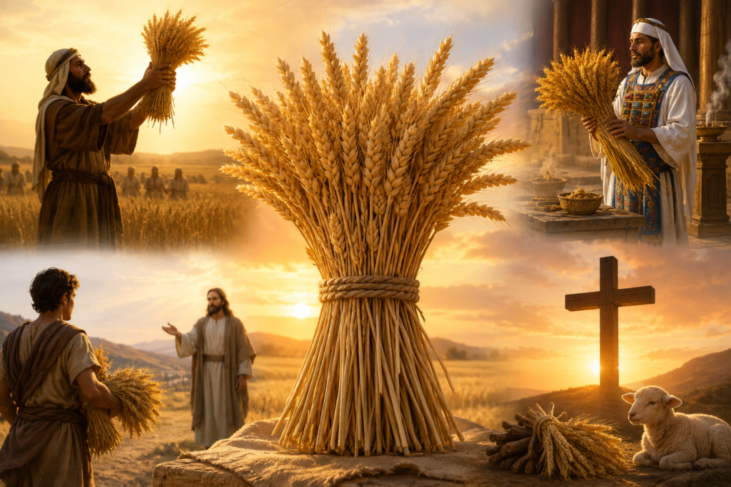A golden wheat field at harvest time with several neatly bundled sheaves standing upright in the foreground. Warm sunlight streams across the landscape, creating a peaceful, symbolic atmosphere. In the distance, rolling farmland and a soft horizon suggest abundance, provision, and gathering. The scene evokes themes often associated with biblical imagery—harvest, blessing, community, and spiritual fruitfulness—without any visible text, labels, or inscriptions.