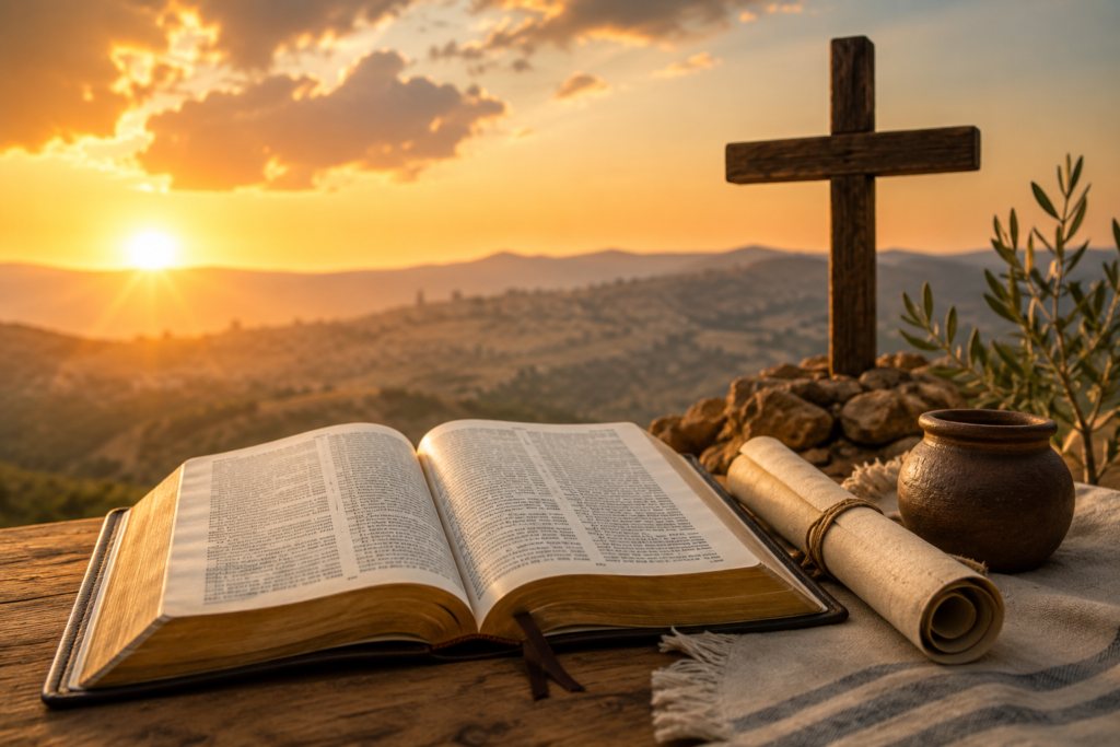 A biblical-era prophet standing on a hilltop at sunrise, holding a scroll and looking toward the horizon. Warm golden light illuminates the landscape, symbolizing divine guidance, faith, prophecy, and spiritual wisdom. Rolling hills, ancient architecture, and a peaceful sky create a reverent and inspiring biblical scene.