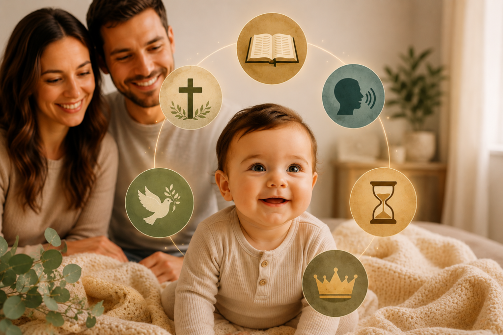 Smiling baby sitting on a soft blanket with happy parents in the background, surrounded by symbolic icons including an open Bible, cross, dove, speaking profile, hourglass, and crown, representing biblical name meaning, faith, peace, wisdom, purpose, and spiritual identity in a warm family setti