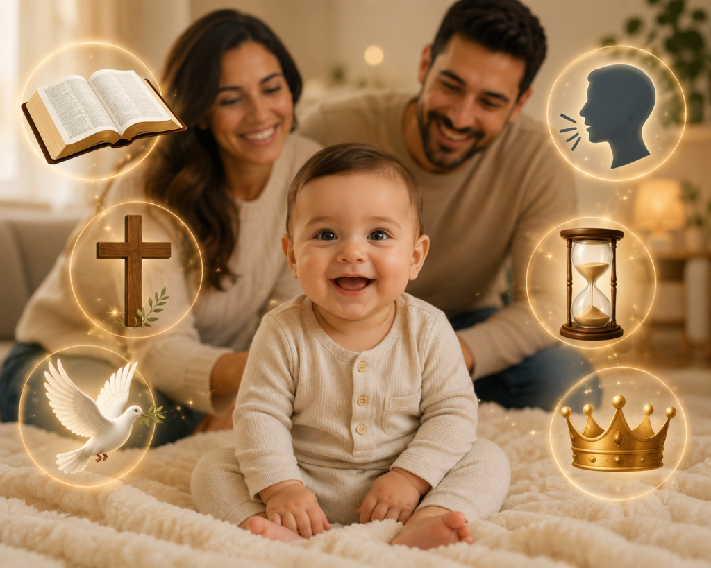 A smiling baby sits on a soft cream-colored blanket in a cozy, warmly lit home while happy parents smile in the softly blurred background. Around the baby are subtle symbolic elements, including an open Bible, a wooden cross, a white dove, a speaking profile icon, an hourglass, and a golden crown, representing faith, peace, communication, wisdom, purpose, and spiritual identity in a loving family setting.