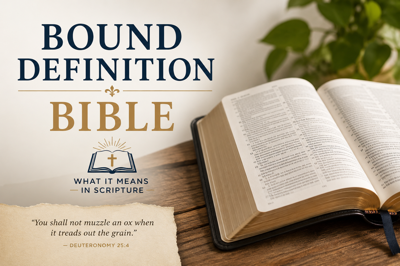 Feature image for “Bound Definition Bible” showing an elegant, leather-bound Bible resting on a wooden table with visible stitched binding and gilded page edges. Soft natural light highlights the book’s durable construction, illustrating the meaning of “bound” as pages securely fastened together in a Bible. Warm, scholarly, and faith-focused atmosphere.