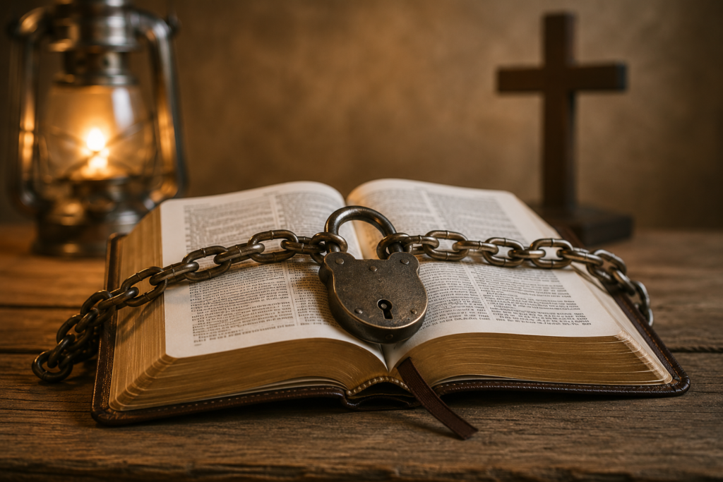 An illustrative biblical-themed scene showing a symbolic binding or fastening concept through visual storytelling only, without any words or text. Ancient parchment, a rope or cord gently securing an object, warm golden light, and a serene spiritual atmosphere evoke themes of connection, commitment, and covenant. The composition is clear, reverent, and suitable for educational or religious contexts, with no text visible anywhere in the image.