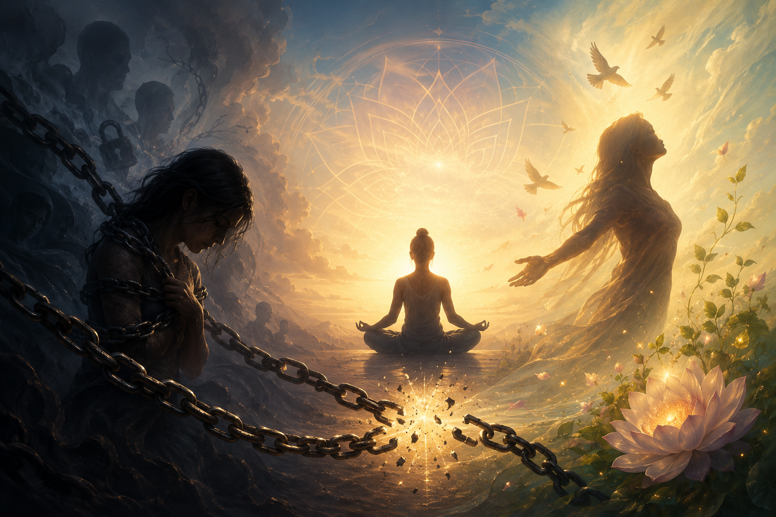 A symbolic spiritual artwork showing a journey from bondage to freedom. On the left, a shadowed figure is wrapped in heavy chains amid dark clouds and silhouettes, representing restriction and inner struggles. At the center, a person meditates beneath a radiant, mandala-like light, suggesting spiritual awareness and transformation. In the foreground, a broken chain bursts apart with glowing energy. On the right, a luminous figure stands with open arms in warm sunlight, surrounded by birds, flowers, and new growth, symbolizing liberation, healing, and spiritual awakening. The scene transitions from darkness to light, emphasizing release, renewal, and inner peace.