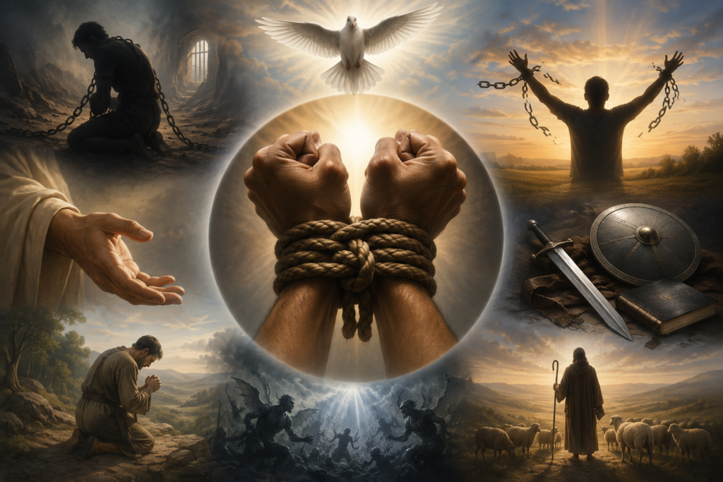 An illustrated conceptual scene depicting the biblical idea of binding through symbolic imagery rather than words. A strong braided rope wraps around a glowing stone altar in the foreground, representing commitment and covenant. Soft golden light streams from the sky, illuminating interconnected elements such as clasped hands, a shepherd’s staff, an olive branch, and broken chains lying nearby. A winding path leads toward distant hills and a radiant horizon, symbolizing faith, obedience, spiritual authority, unity, and liberation. The color palette features warm golds, earth tones, and gentle blues, creating a reverent and contemplative atmosphere. No text appears anywhere in the image.