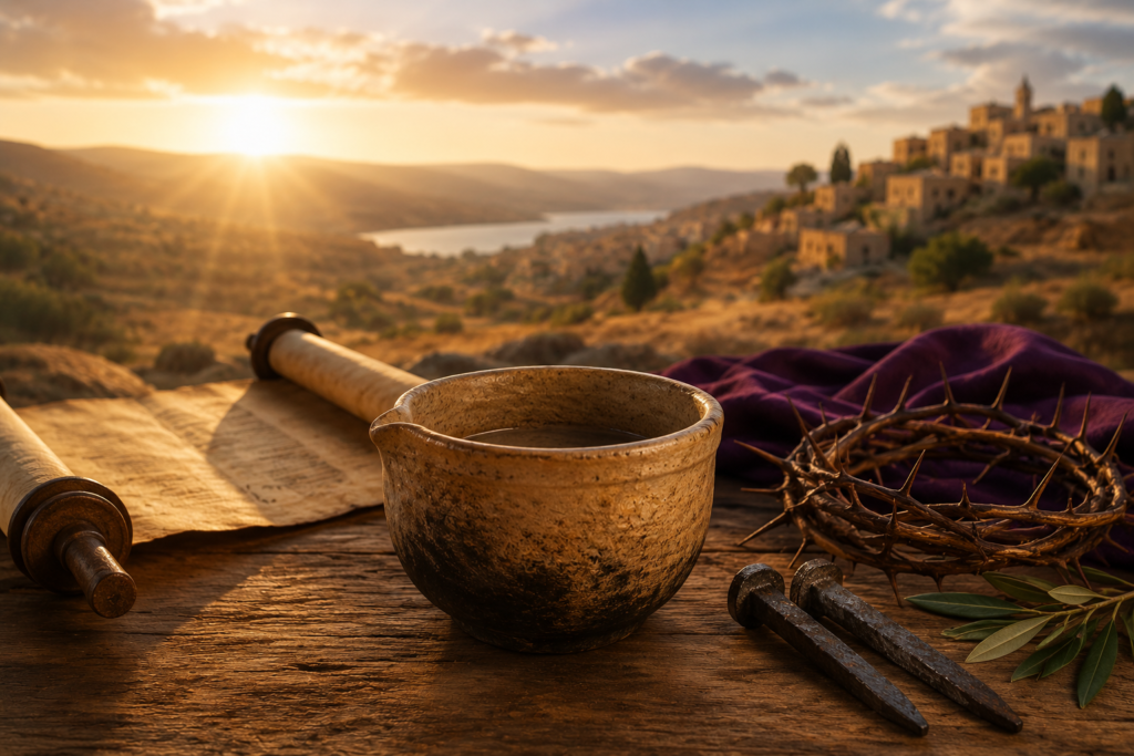 A symbolic biblical scene at sunset featuring a glowing crucible pouring molten metal into a mold on a weathered workbench. An old leather-bound Bible rests nearby, while a large cross stands silhouetted on a distant hill against a golden sky. Rising steam and warm light create an atmosphere of purification, testing, faith, and spiritual refinement.
