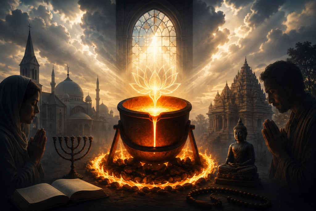 A symbolic religious scene centered on a glowing metal crucible surrounded by warm light. The crucible sits amid elements representing spiritual testing and transformation, such as fire, radiant beams, and refined metal emerging from the heat. Subtle religious imagery—including a peaceful atmosphere, sacred light, and contemplative surroundings—conveys themes of purification, faith, endurance, and spiritual growth. The composition is illustrative and inspirational, with no visible text.