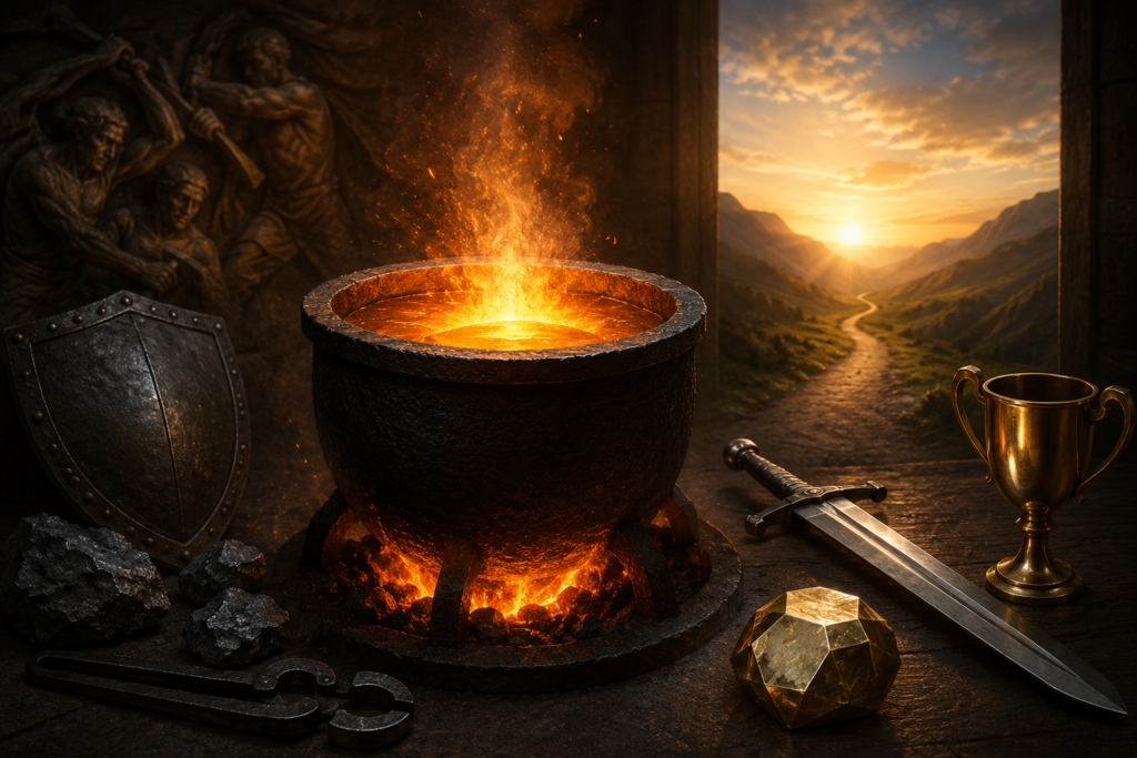 A dramatic symbolic scene inspired by the themes of The Crucible: a dimly lit colonial village at dusk, with anxious townspeople gathered in the shadows. In the foreground, a glowing forge or crucible emits warm light, representing testing, truth, and resilience. Dark storm clouds loom overhead, while a single beam of light breaks through, illuminating a figure standing firmly against the crowd. The atmosphere conveys tension, fear, integrity, and the enduring struggle between justice and hysteria. No text is visible anywhere in the image.