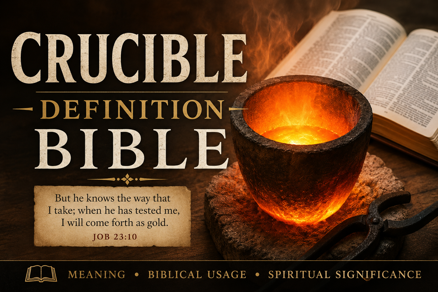 Feature image for “Crucible Definition Bible” showing a glowing crucible filled with molten metal beside an open Bible on a wooden surface. Large text reads “Crucible Definition Bible,” with a scripture excerpt from Job 23:10 about being tested and coming forth as gold. Warm orange light, smoke, blacksmith tools, and antique styling symbolize biblical refining, purification, and spiritual testing.