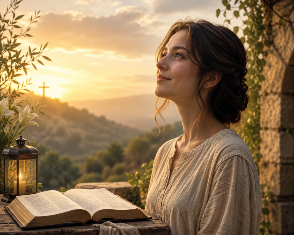 A serene, symbolic scene inspired by a biblical perspective on grace and devotion. Soft golden light streams through the clouds over a peaceful landscape with wildflowers, a gentle river, and distant hills. A young woman stands contemplatively, looking toward the light, conveying faith, hope, and spiritual purpose. Subtle symbolic elements—such as a dove in flight, olive branches, and radiant beams of light—suggest divine guidance and peace. The atmosphere is calm, uplifting, and reverent, with warm natural colors and a timeless, inspirational feeling.