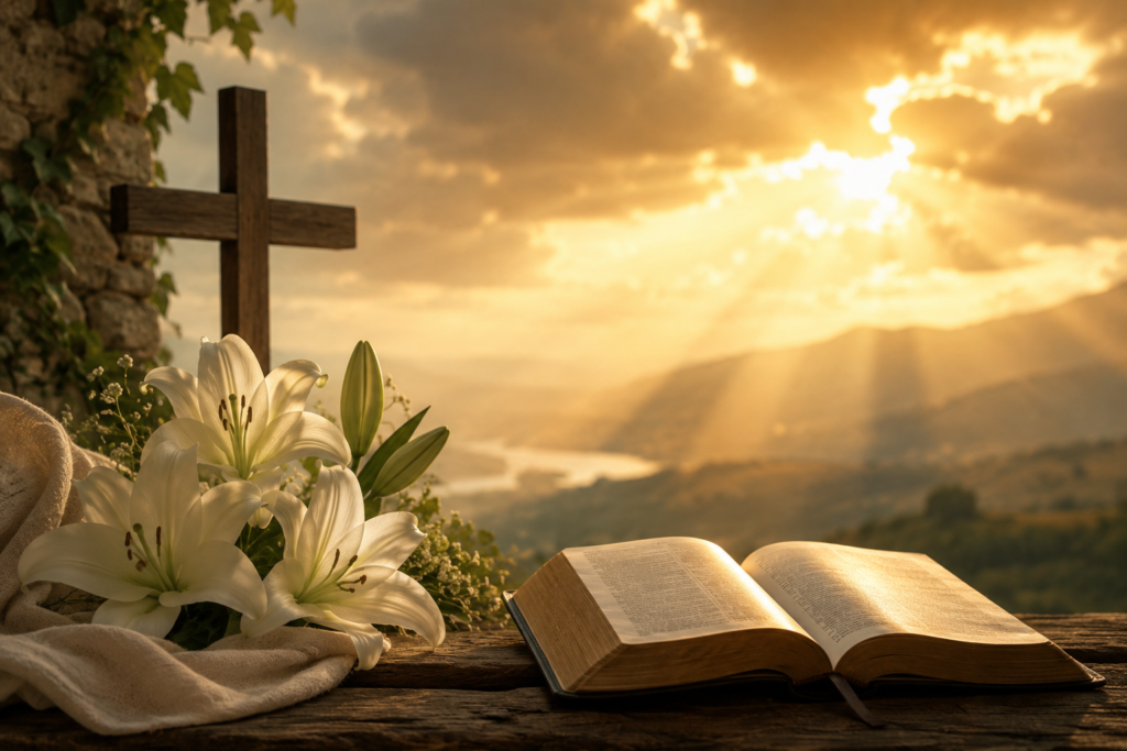 A peaceful, faith-inspired scene at sunrise featuring an open Bible resting on a rustic wooden surface. White lilies bloom beside a simple wooden cross, while golden rays of sunlight stream through dramatic clouds over a distant valley and river. A soft cloth drapes across the foreground, and the warm, radiant landscape creates a serene atmosphere of hope, devotion, and spiritual reflection.